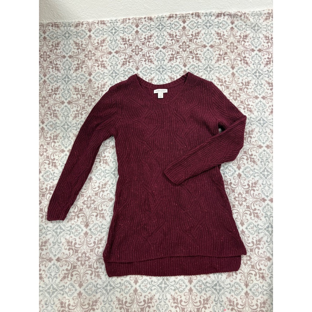 Christopher & Banks Burgundy Marled V-Neck Cable Knit Tunic Sweater Large